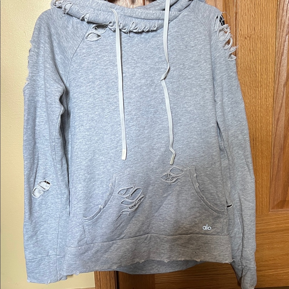 ALO Yoga Gray Distressed Hoodie